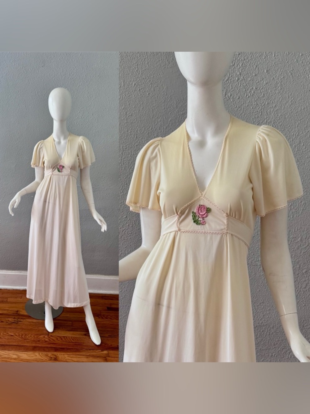 Vintage 60s Ivory Flutter Sleeve DUTCHESS Nylon Nightgown XS/S
